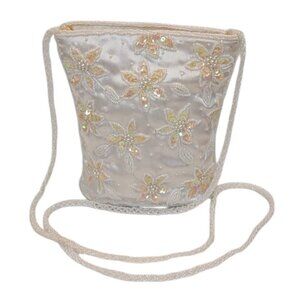 Handmade VTG Elegant White Satin Floral Embellished Bead Sequin Zip Shoulder Bag